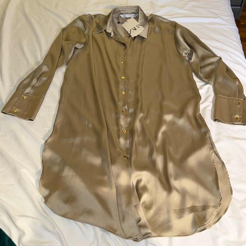 Silk long button up blouse dress